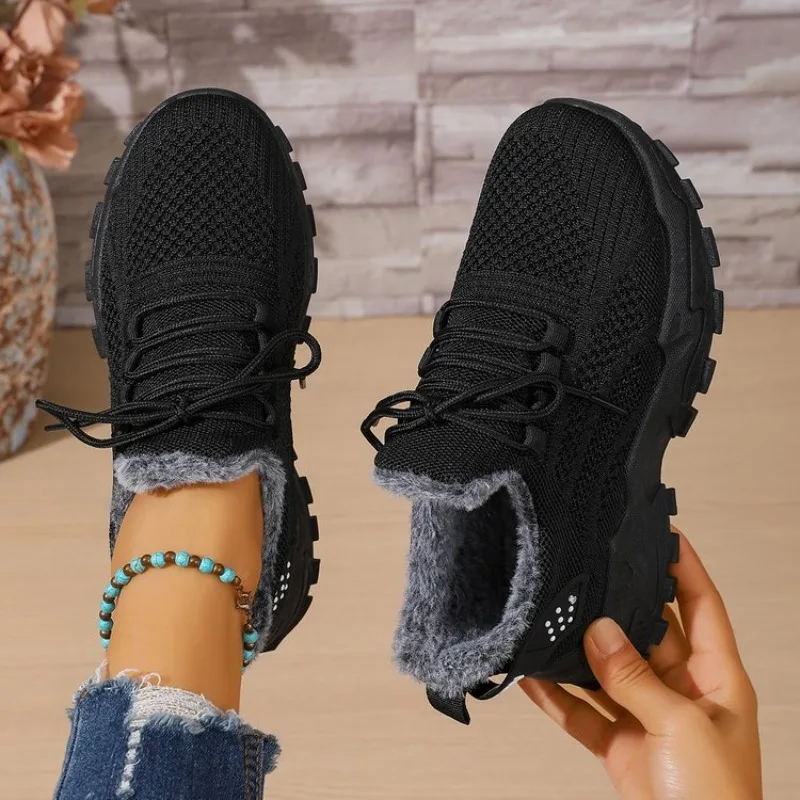 Women Winter Thermal Sneakers  - đánh giá và giá Knit Fabric Lace Up Sneakers